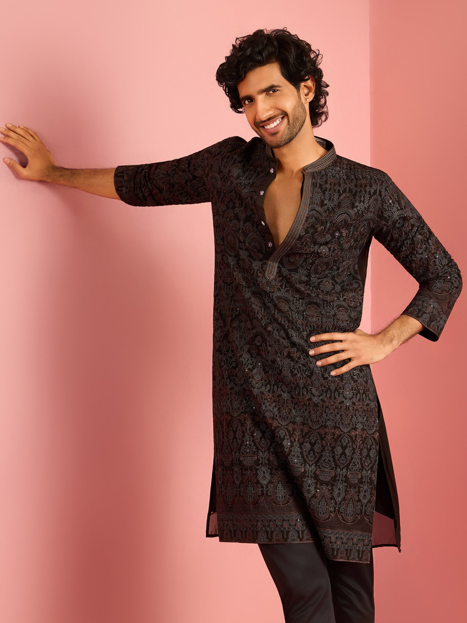 Black Silk Blend Party Wear Men's Kurta