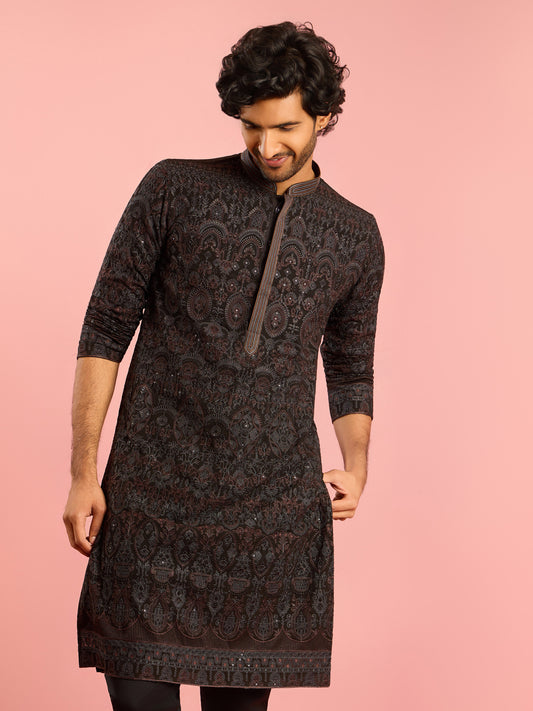 Black Silk Blend Party Wear Men's Kurta