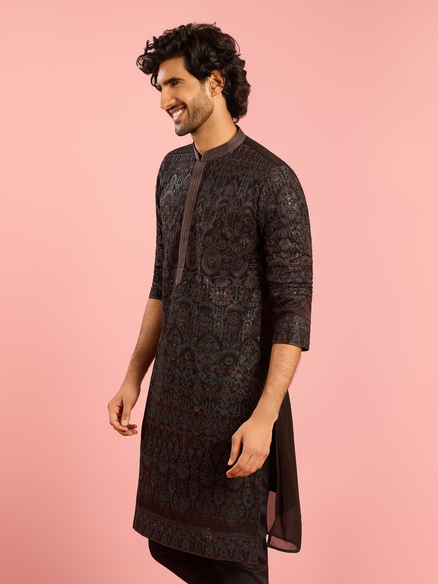 Black Silk Blend Party Wear Men's Kurta