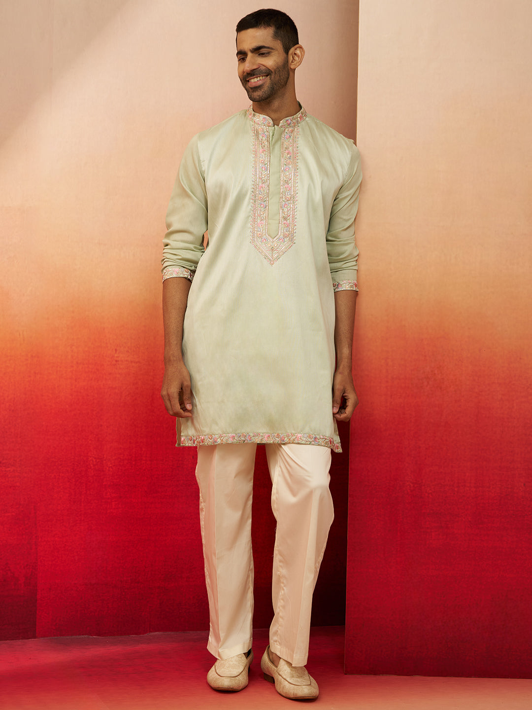 Pista Green Silk Blend Festival Men's Kurta Set