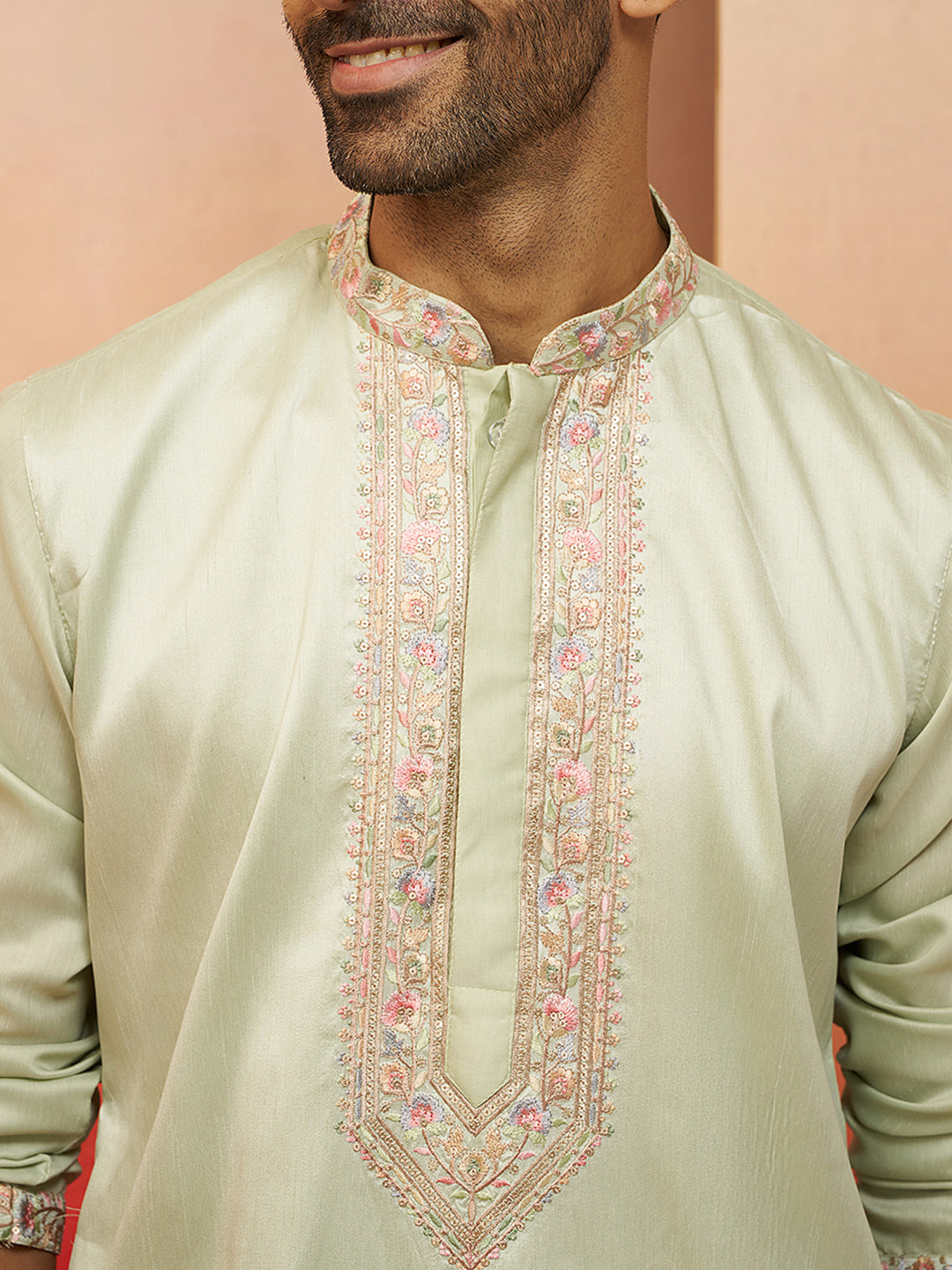 Pista Green Silk Blend Festival Men's Kurta Set