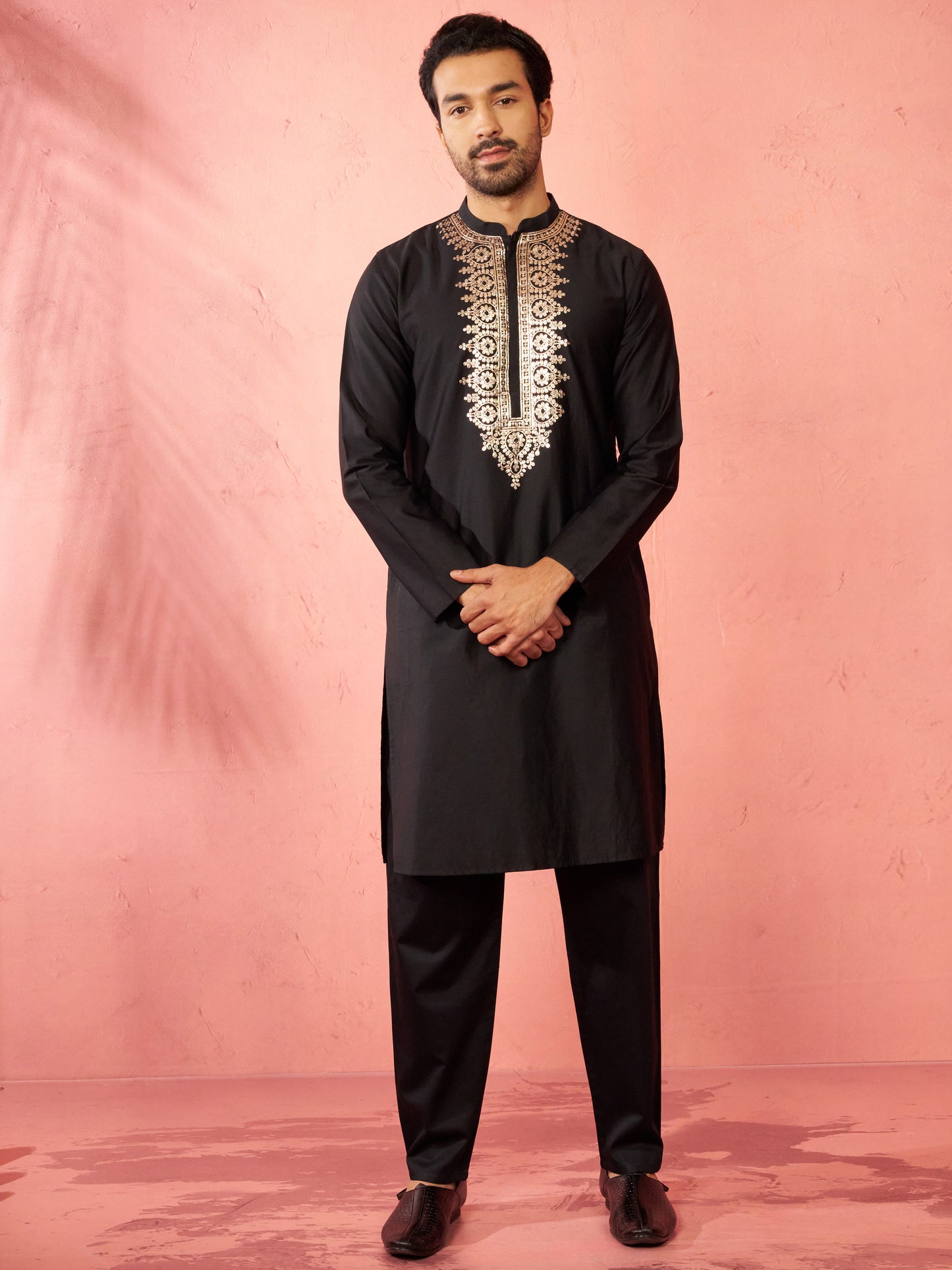 Black Satin Wedding Wear Men'S Kurta Set