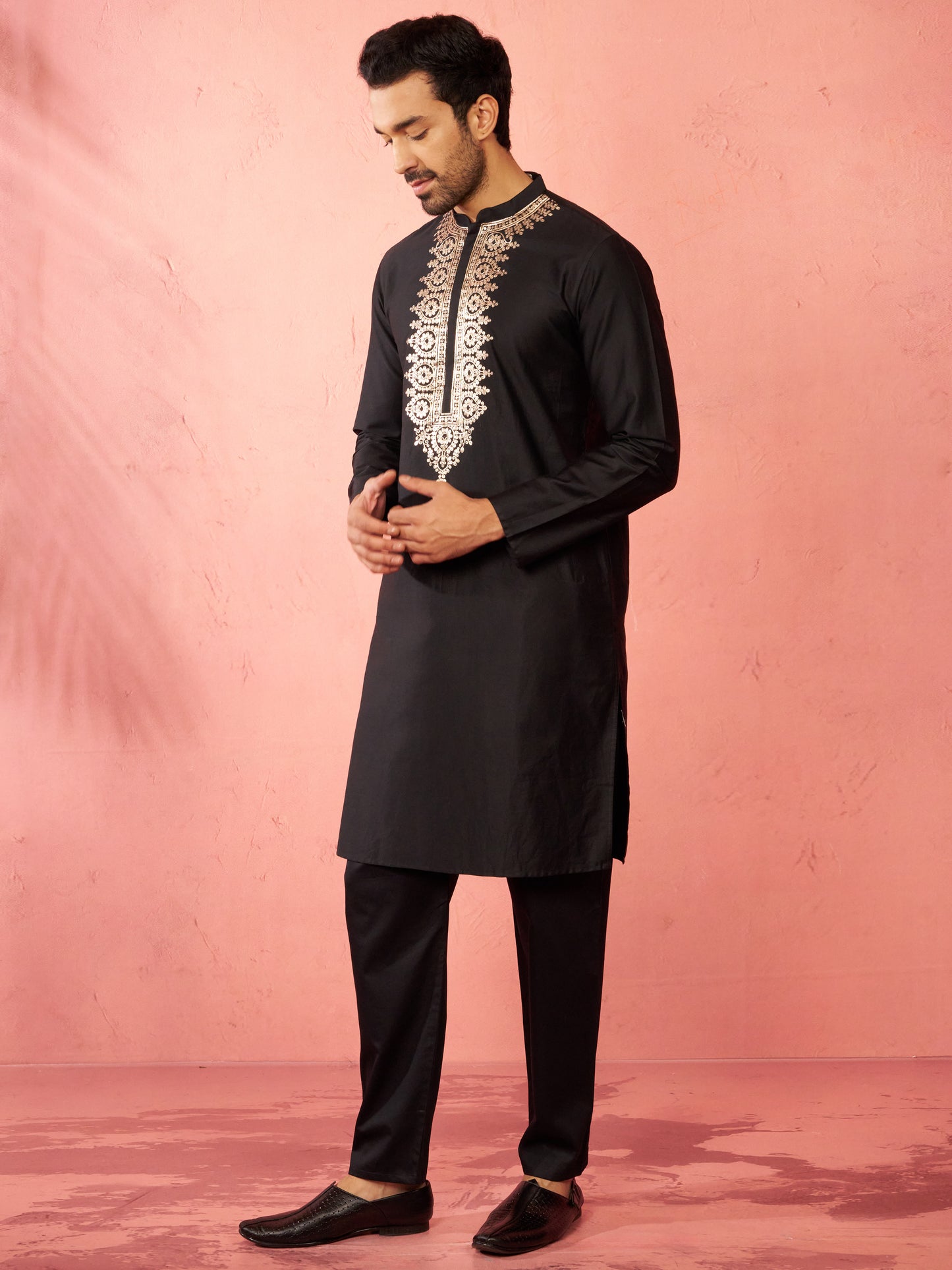 Black Satin Wedding Wear Men'S Kurta Set