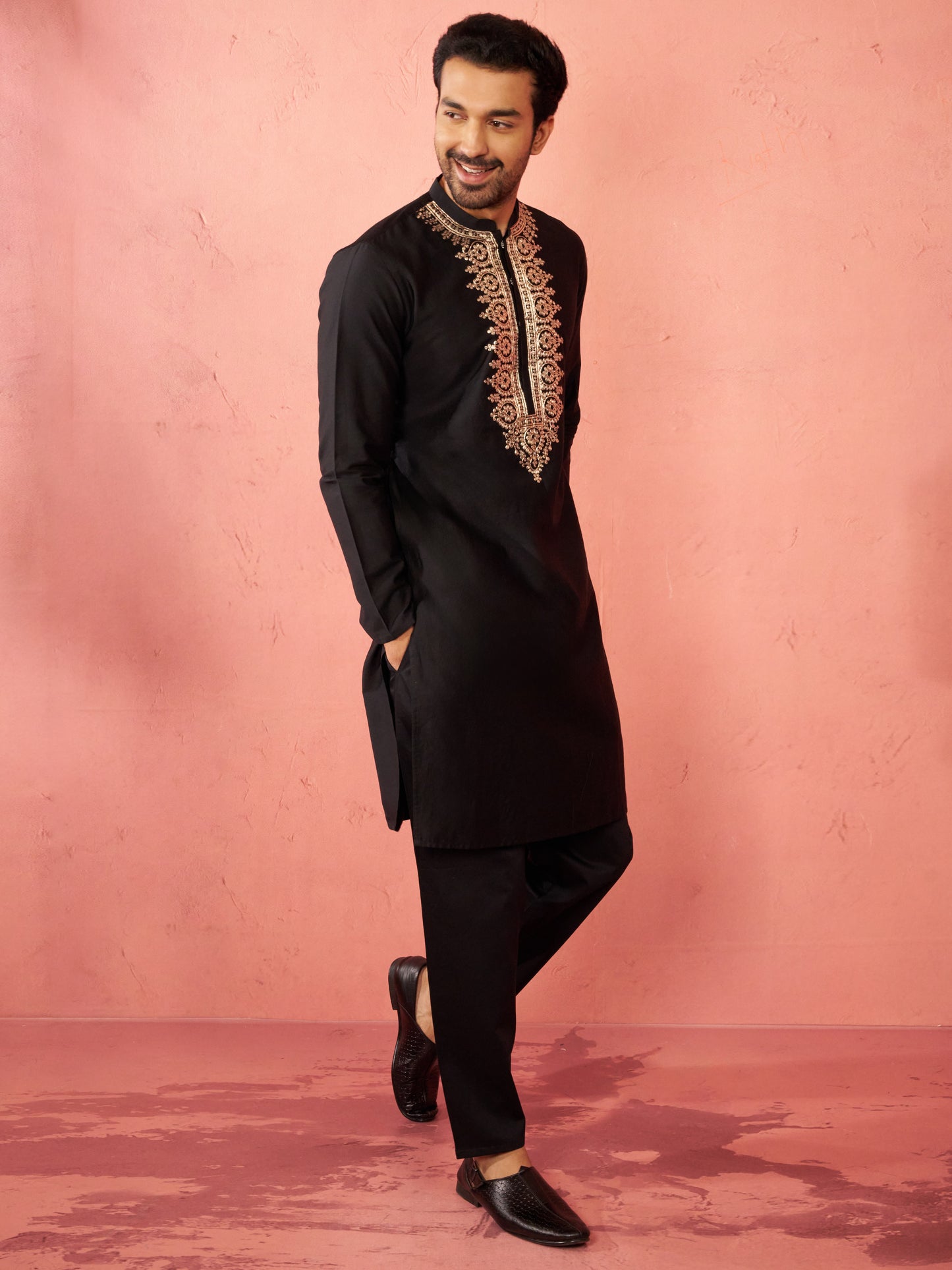 Black Satin Wedding Wear Men'S Kurta Set