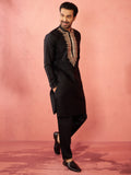 Black Satin Wedding Wear Men'S Kurta Set