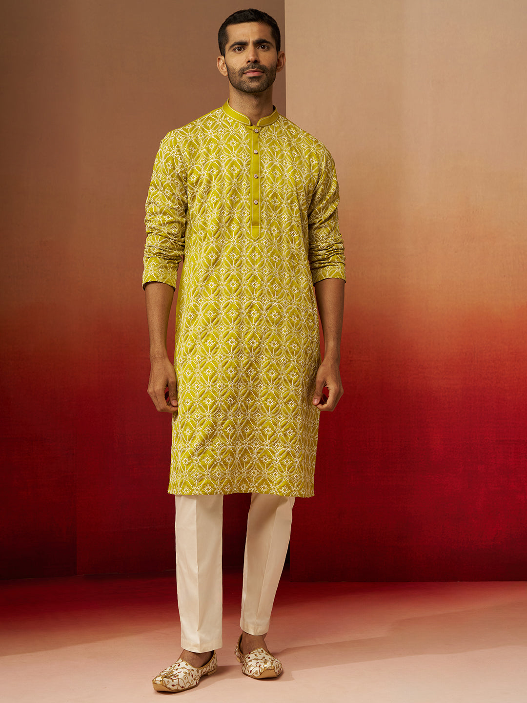Green Silk Wedding Wear Men'S Kurta Set