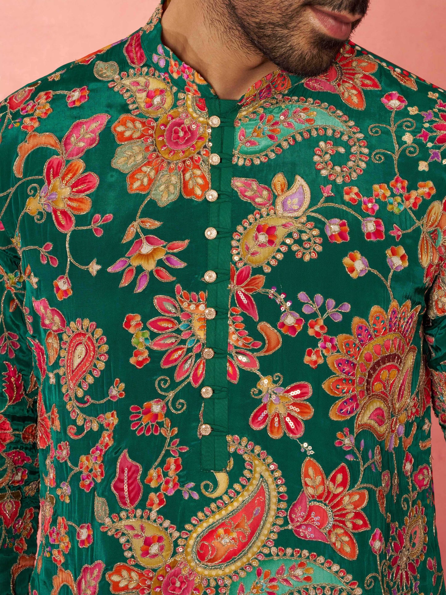 Green Silk Blend Party Wear Men's Kurta