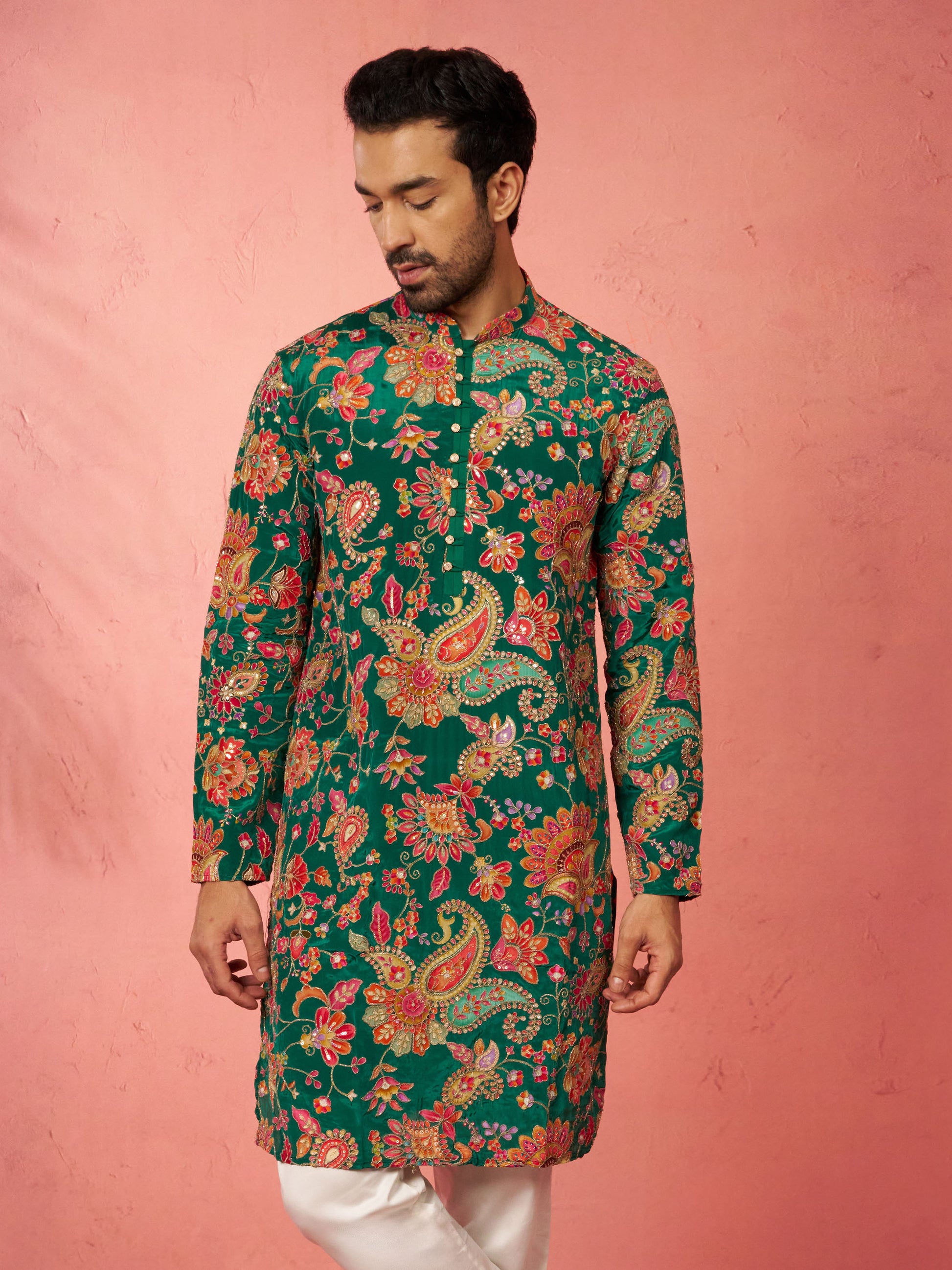 Green Silk Blend Party Wear Men's Kurta