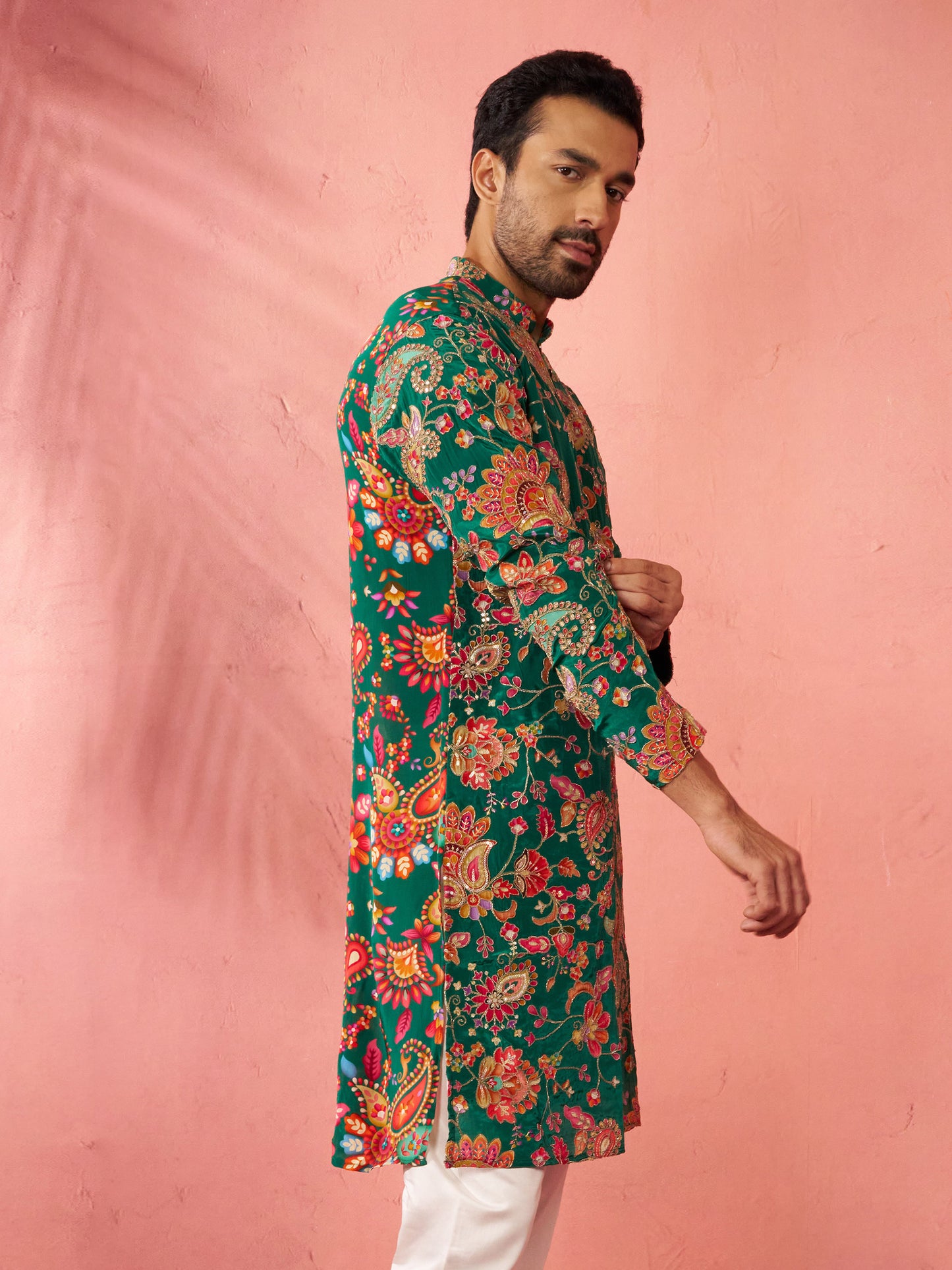 Green Silk Blend Party Wear Men's Kurta