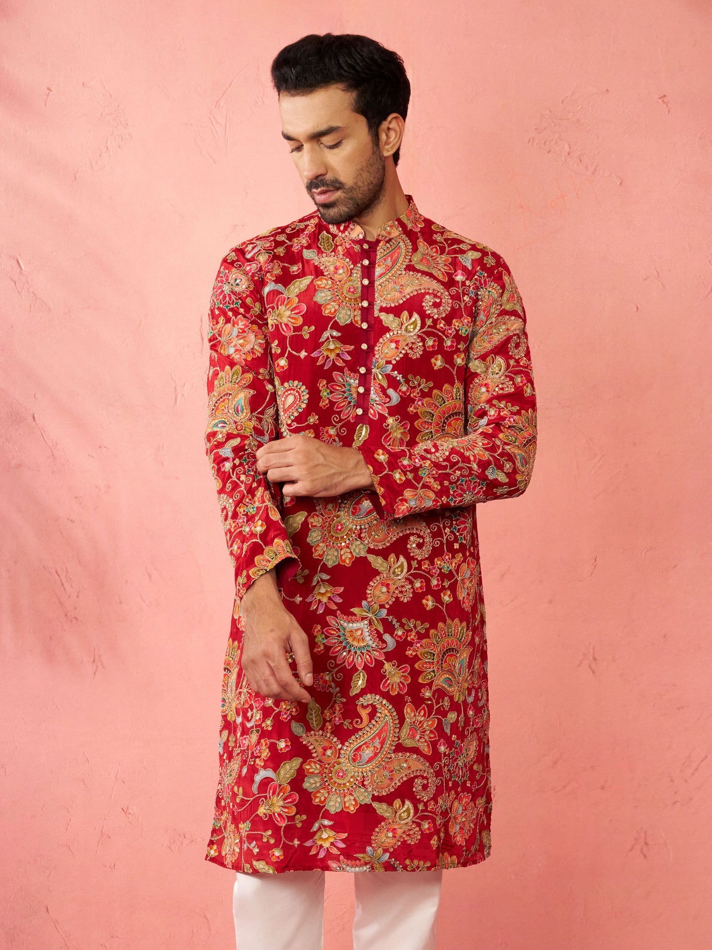 Maroon Silk Blend Party Wear Men's Kurta