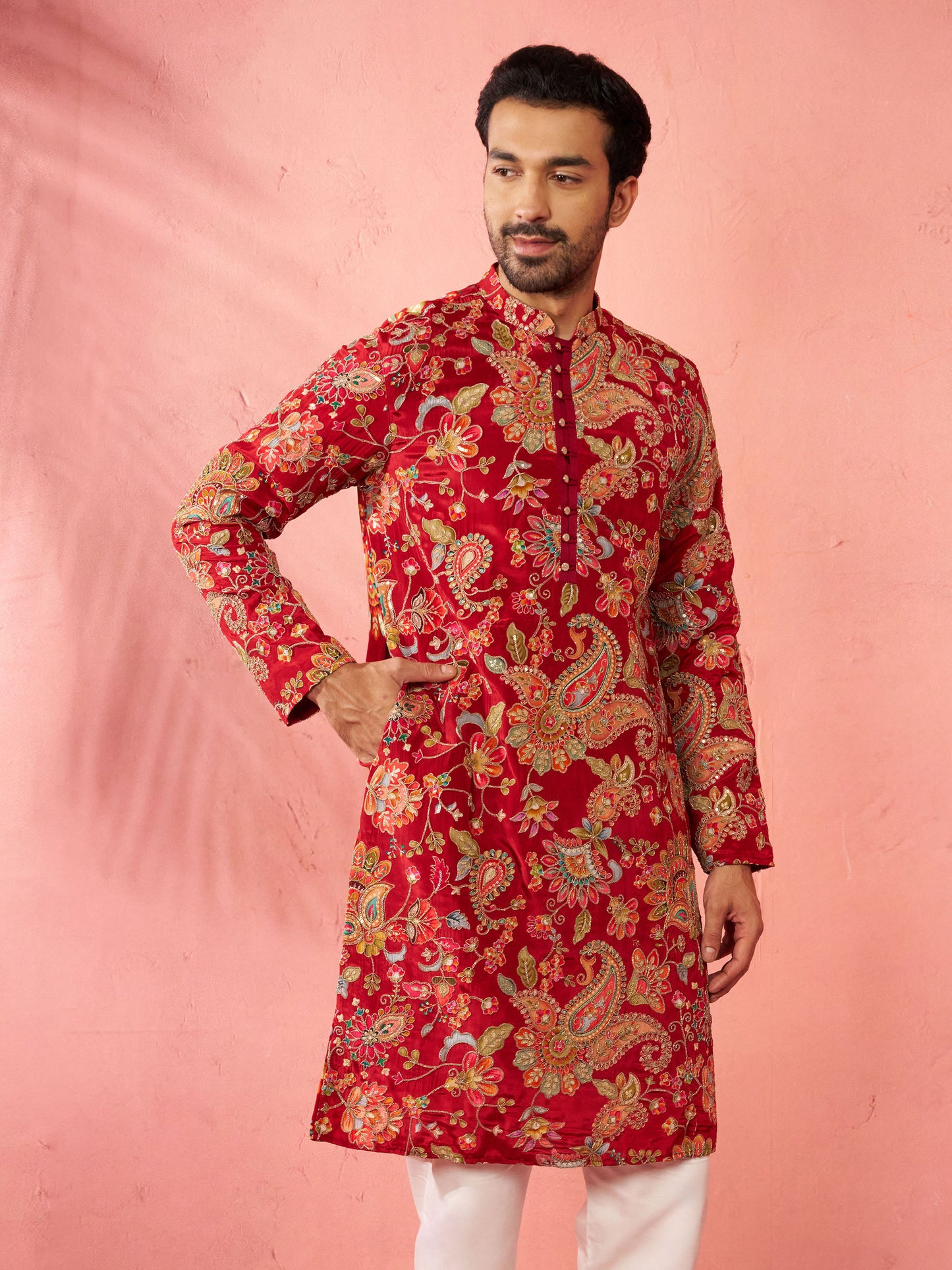 Maroon Silk Blend Party Wear Men's Kurta