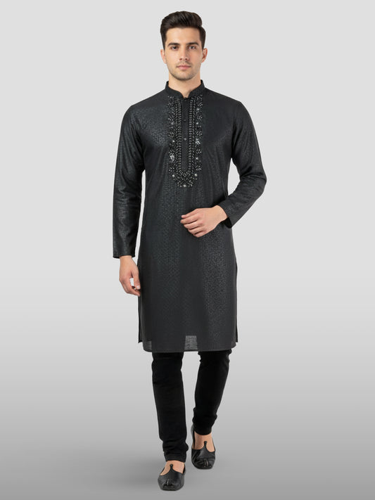 Black Silk Wedding Wear Men'S Kurta Set