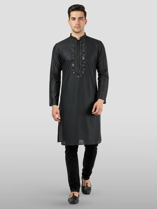Black Silk Wedding Wear Men'S Kurta Set