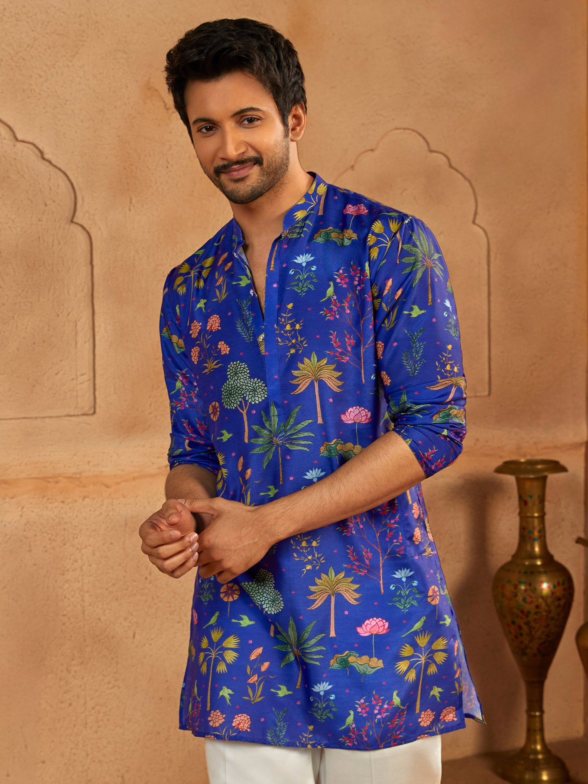 Designer Blue Silk Blend Party Wear Men's Kurta