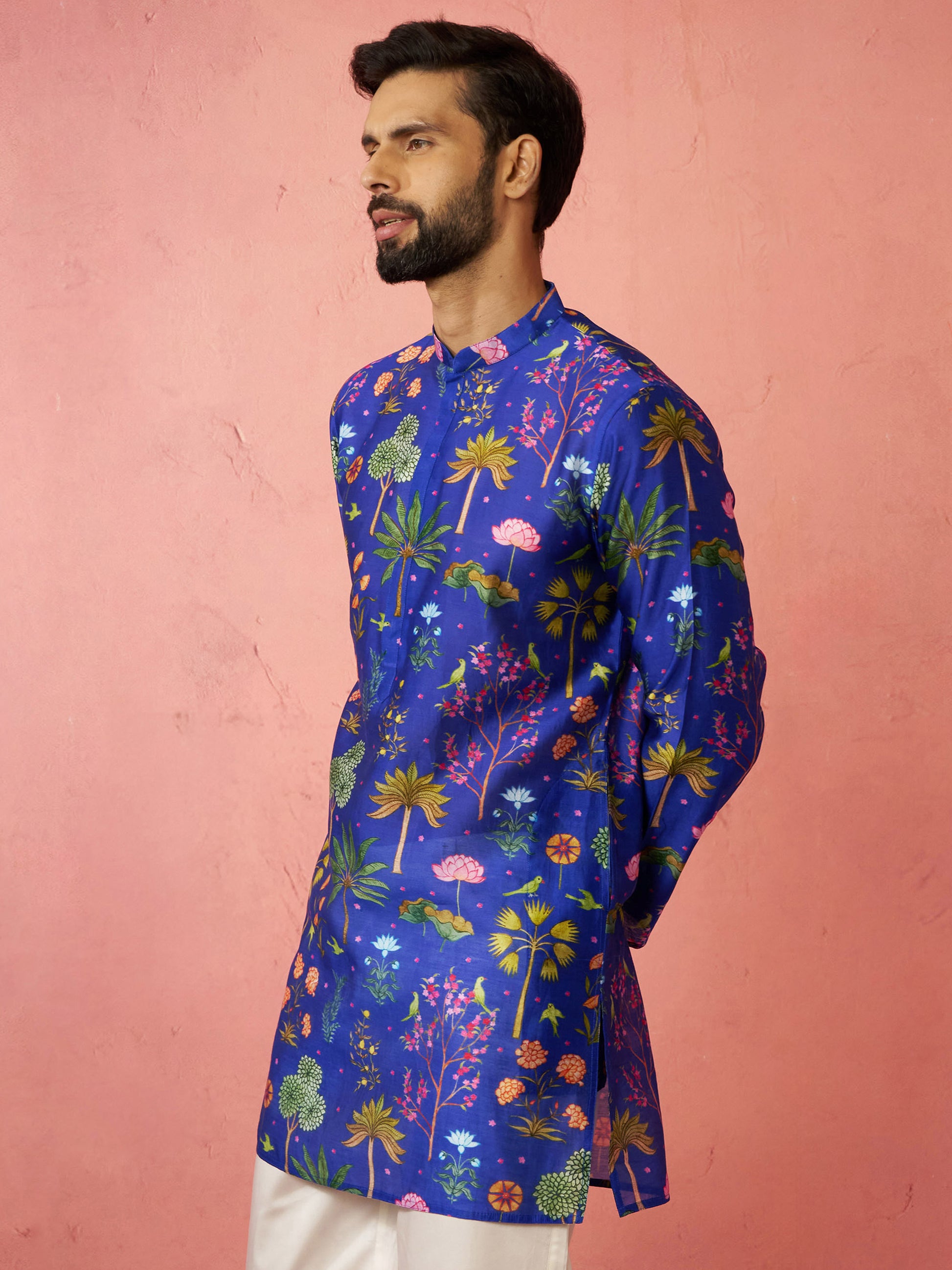Designer Blue Silk Blend Party Wear Men's Kurta