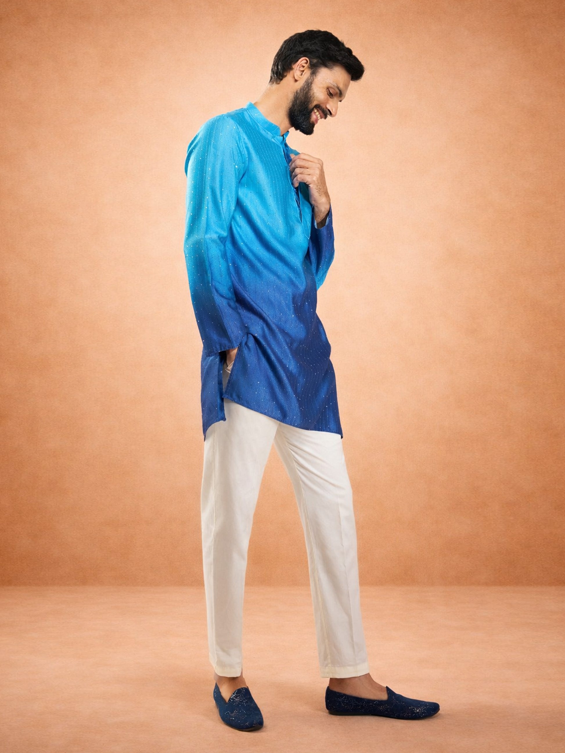 Blue Silk Blend Party Wear Men's Kurta
