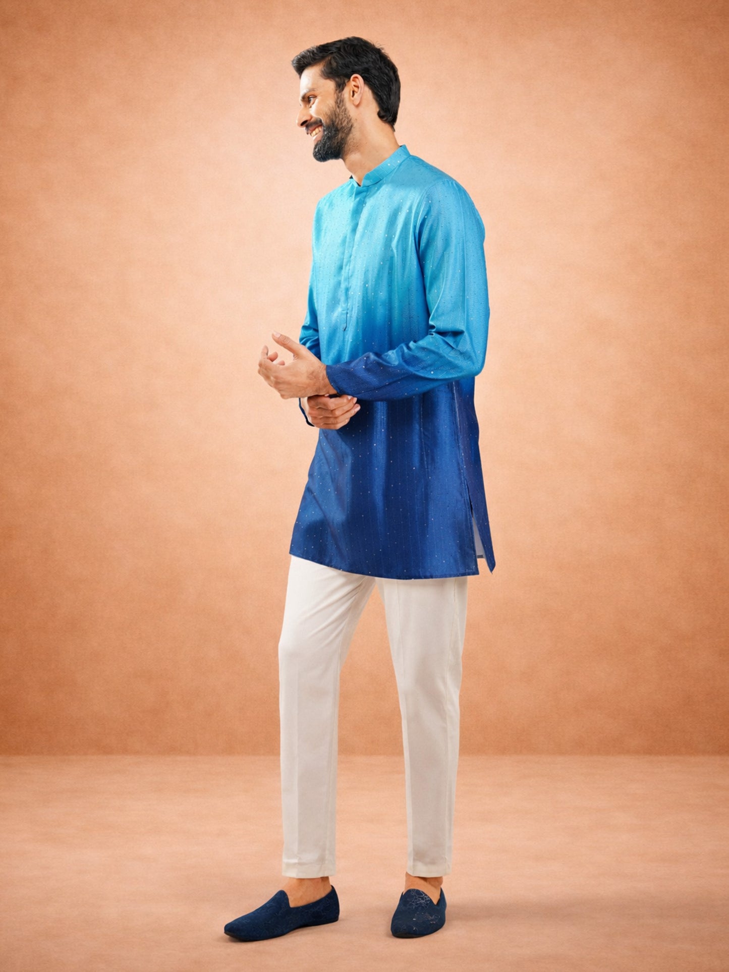 Blue Silk Blend Party Wear Men's Kurta
