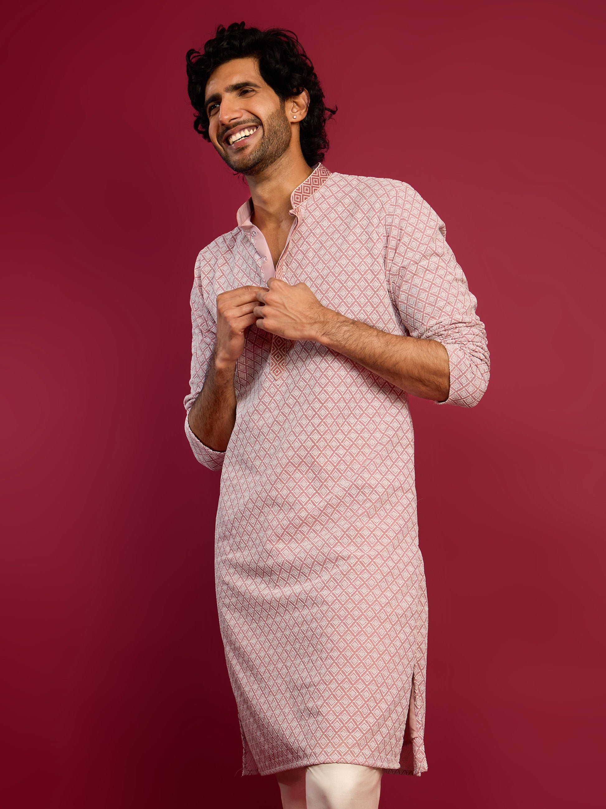 Pink Silk Blend Party Wear Men's Kurta