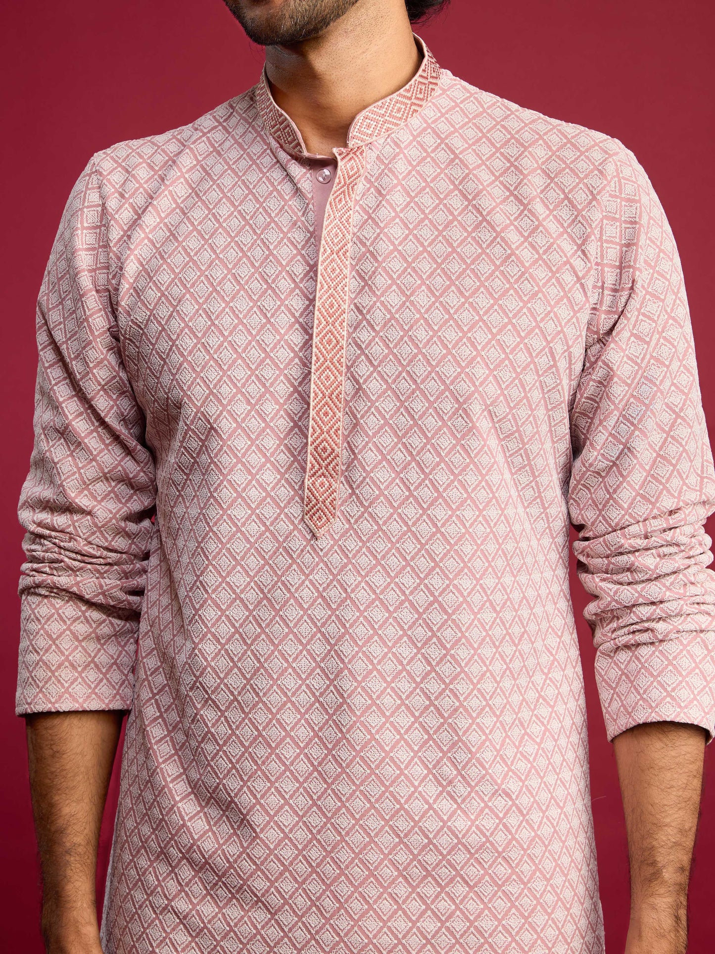 Pink Silk Blend Party Wear Men's Kurta