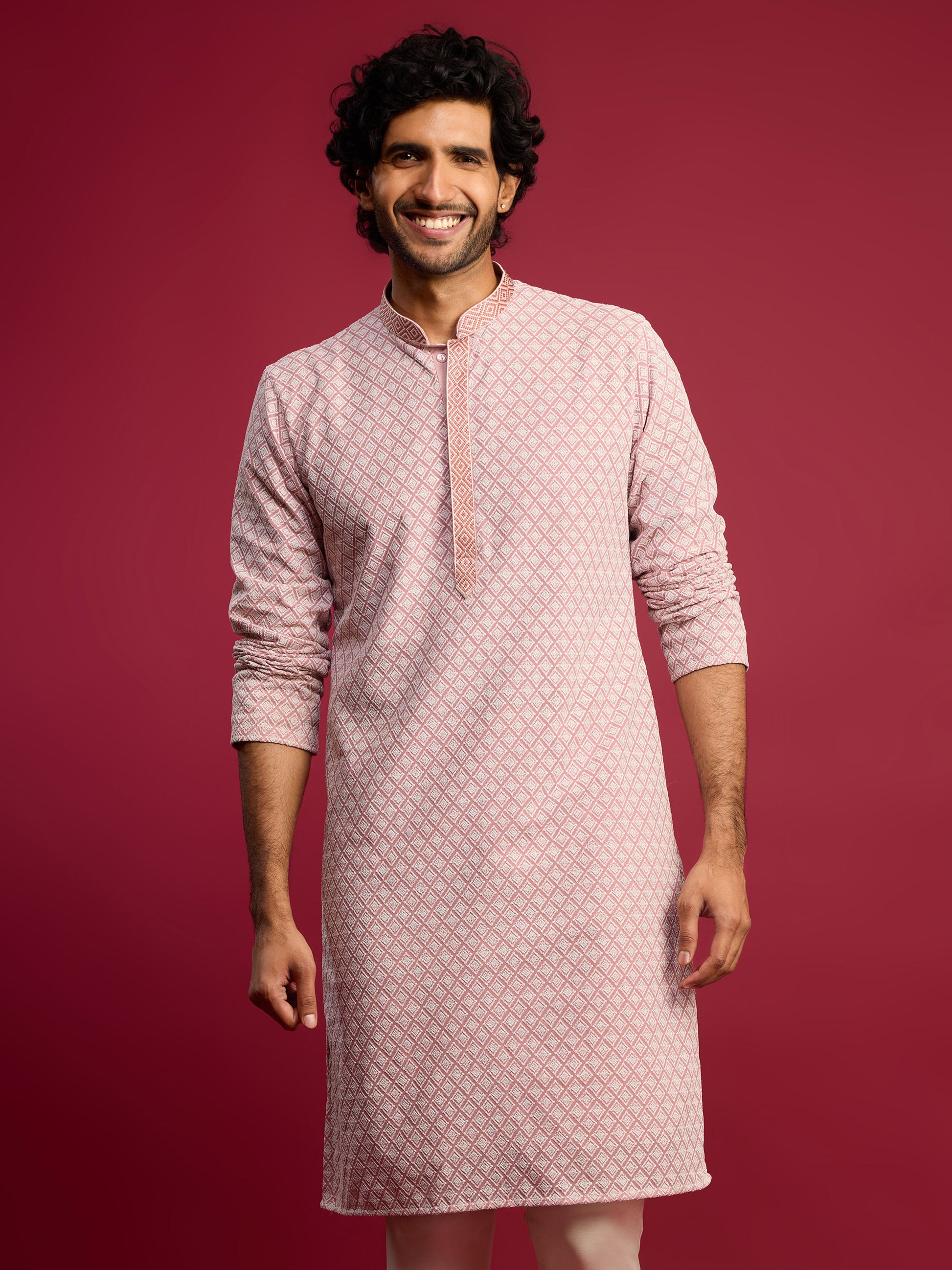 Pink Silk Blend Party Wear Men's Kurta