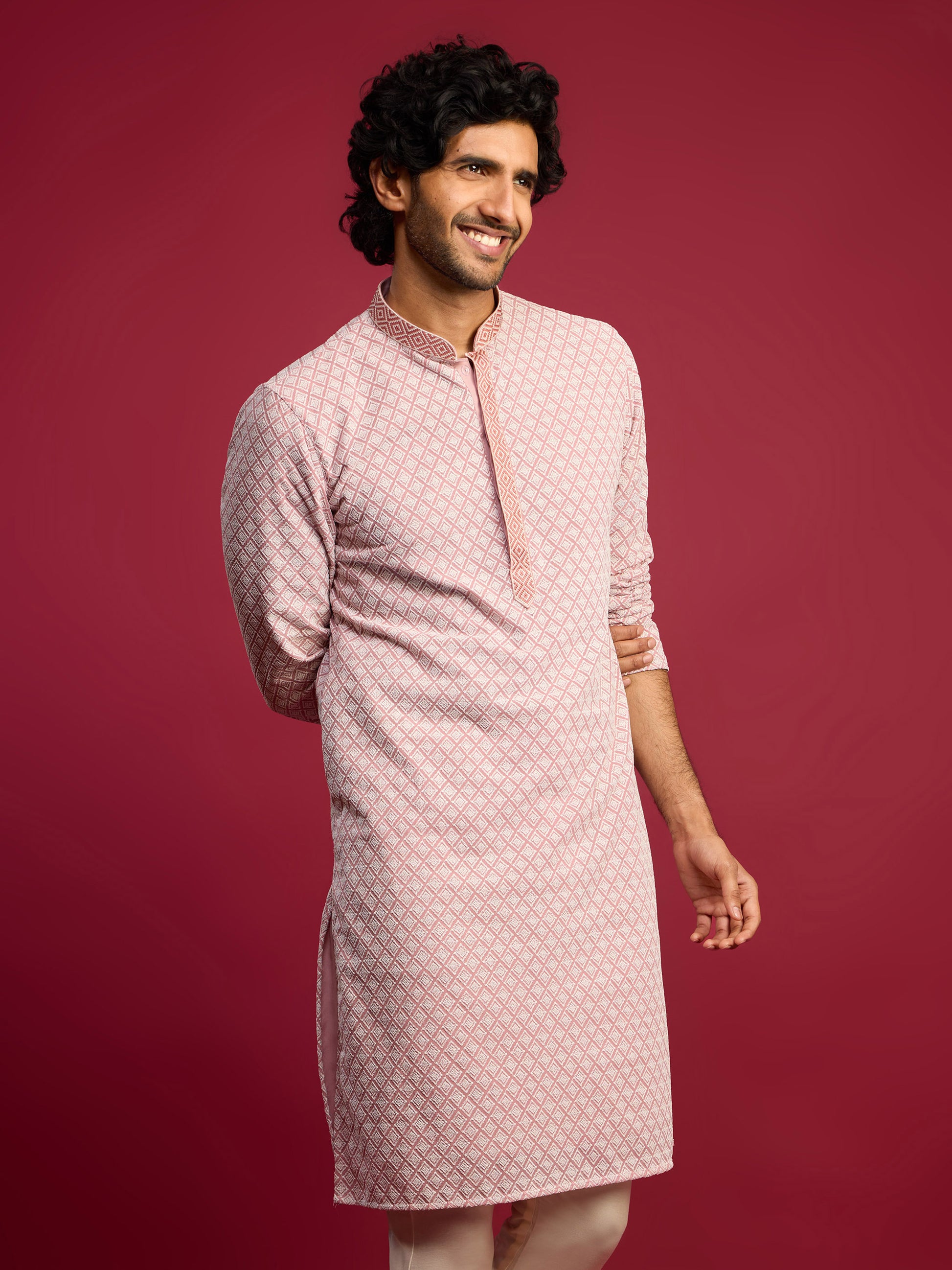 Pink Silk Blend Party Wear Men's Kurta