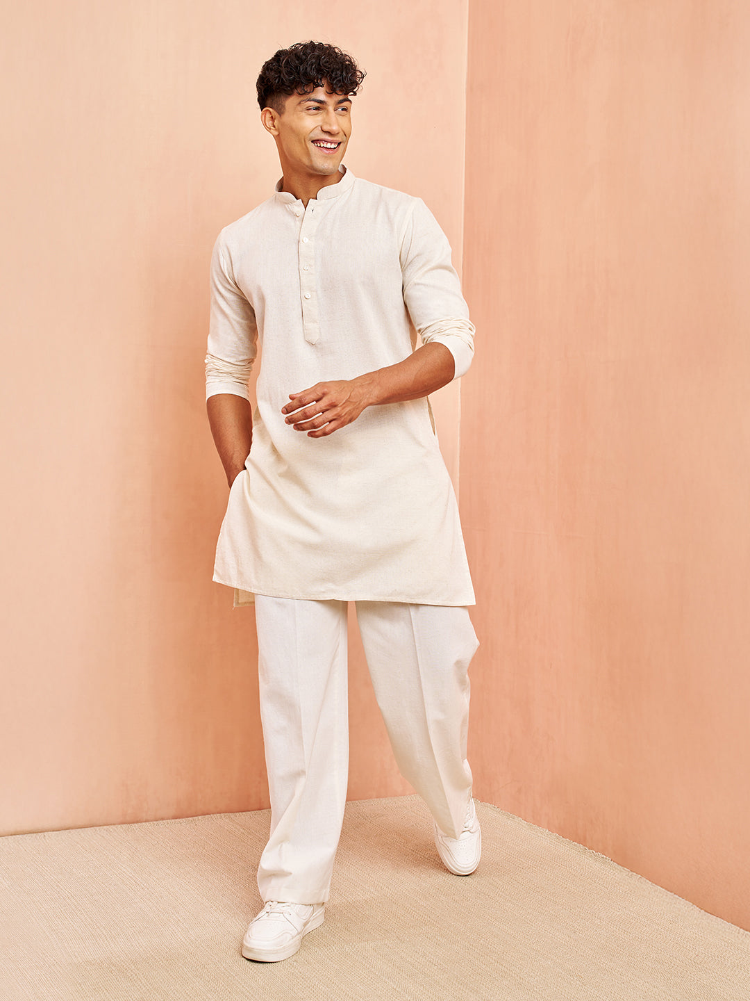 Cream Cotton Festival Wear Men'S Kurta Set