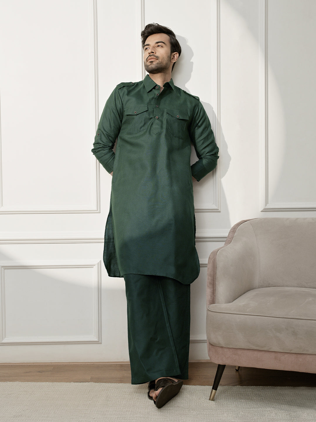 Mehendi Green Cotton Festival Wear Men'S Kurta Set