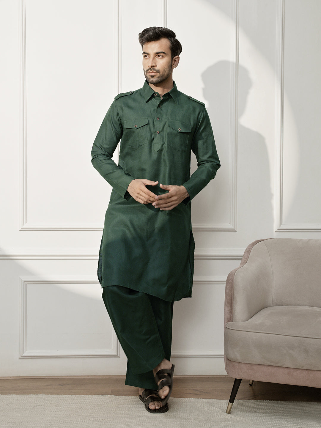 Mehendi Green Cotton Festival Wear Men'S Kurta Set
