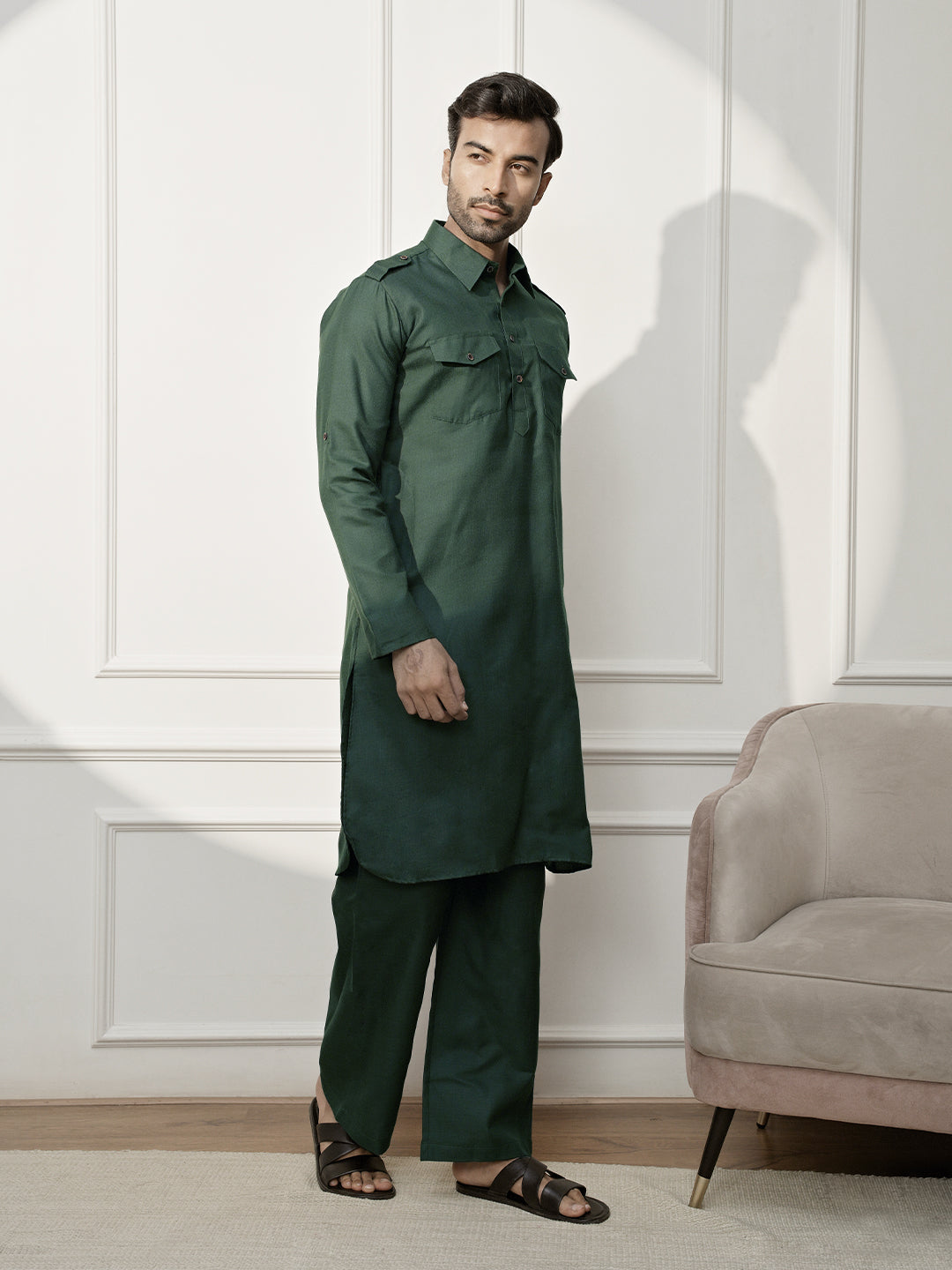 Mehendi Green Cotton Festival Wear Men'S Kurta Set