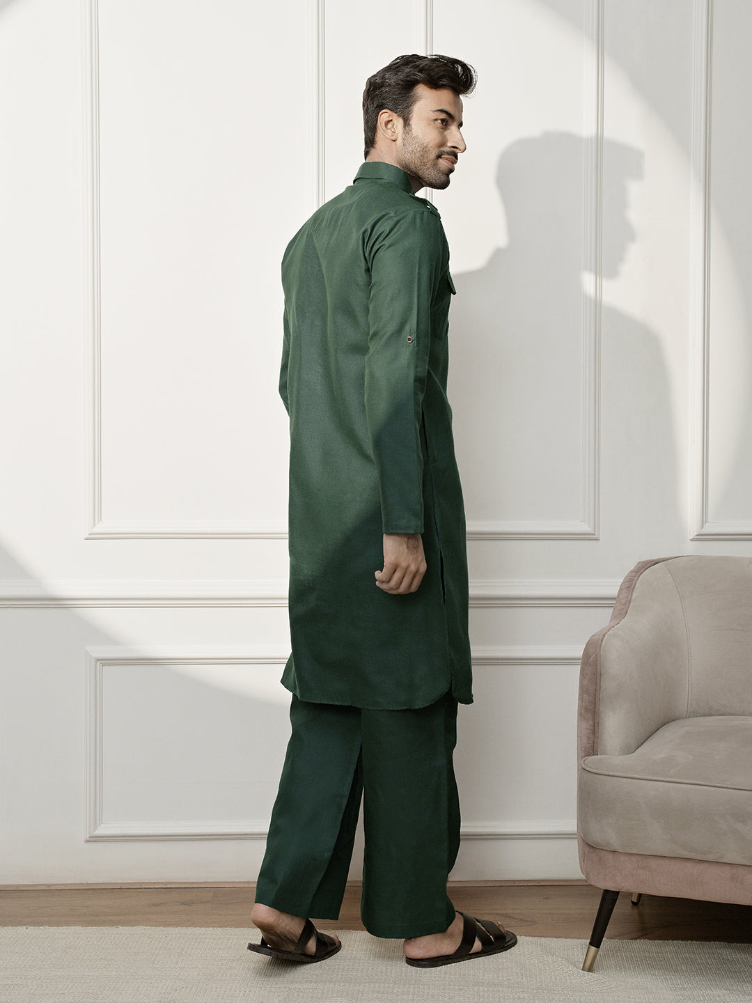 Mehendi Green Cotton Festival Wear Men'S Kurta Set