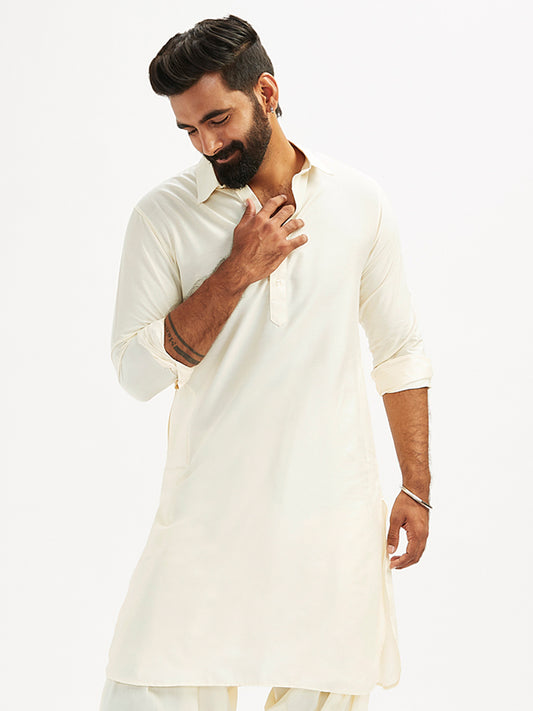 Cream Cotton Blend Party Wear Men's Pant