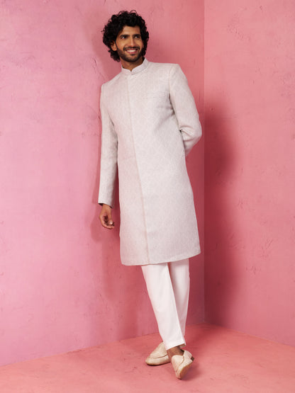 Grey Silk Blend Wedding Men's Sherwani Set