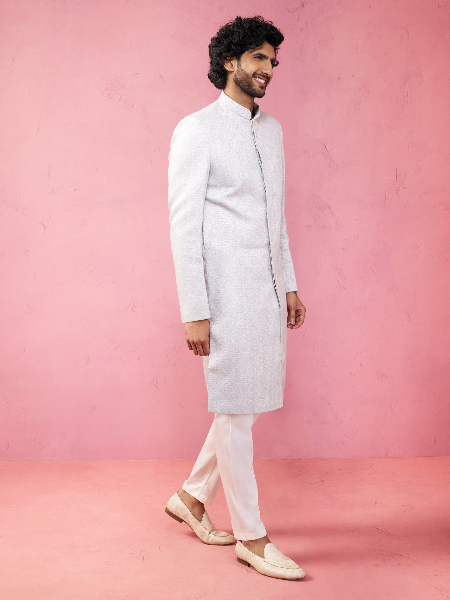 Grey Silk Blend Wedding Men's Sherwani Set