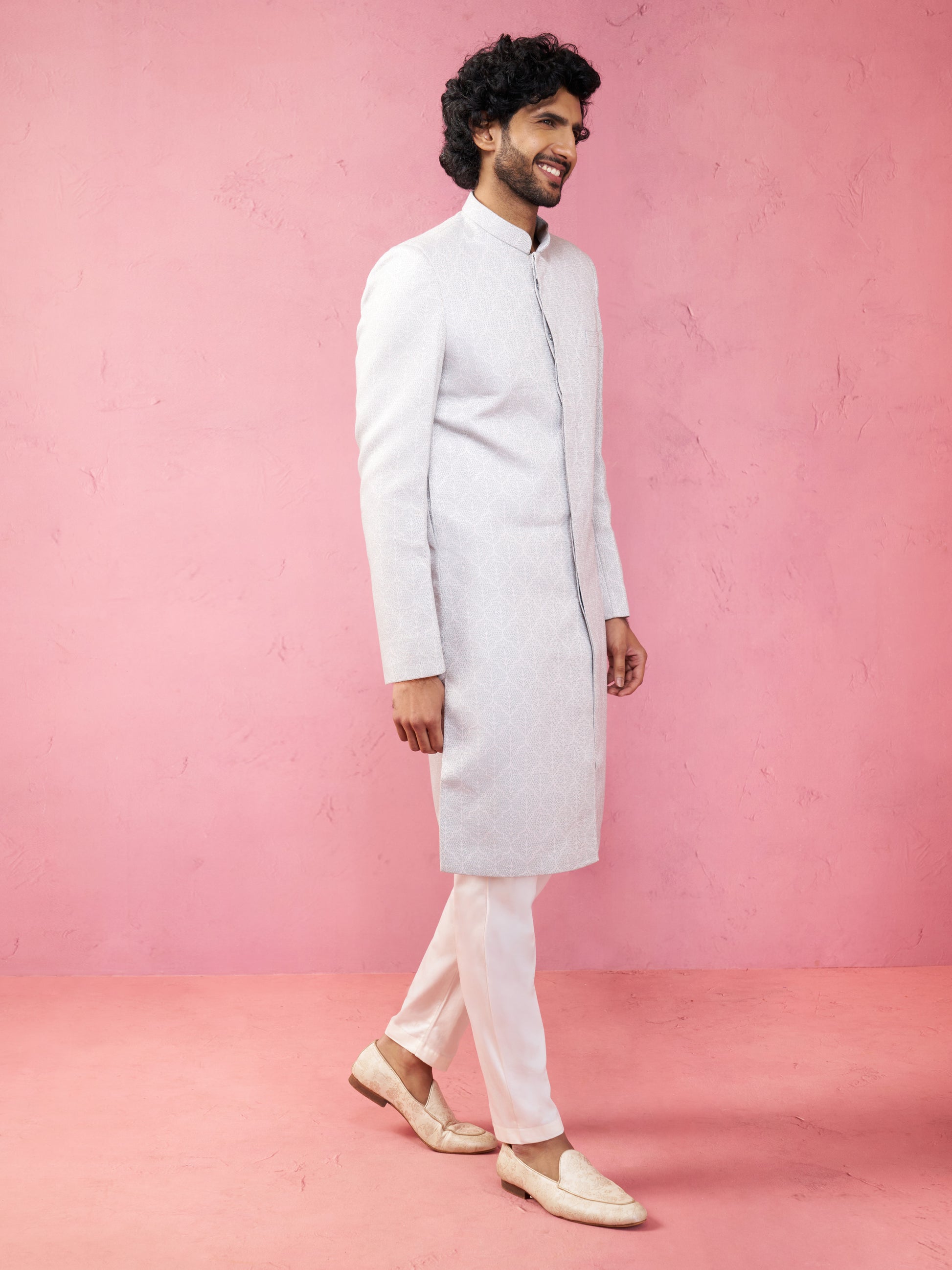 Grey Silk Blend Wedding Men's Sherwani Set