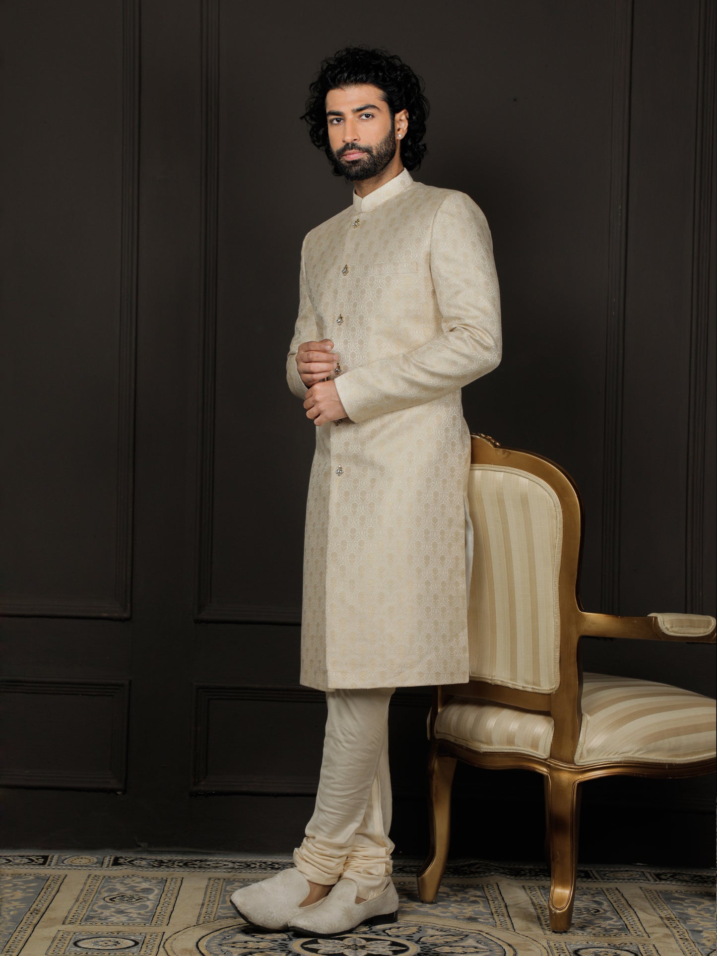 Gold Silk Blend Wedding Men's Sherwani Set