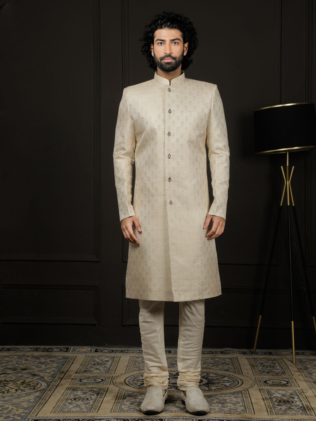 Gold Silk Blend Wedding Men's Sherwani Set