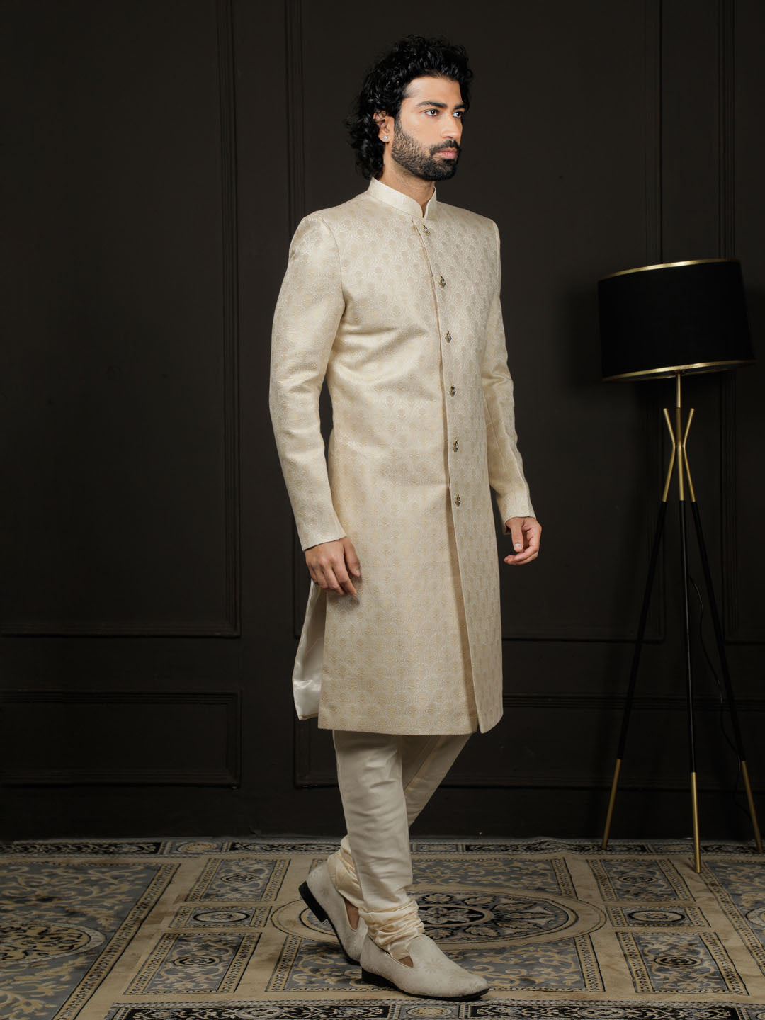 Gold Silk Blend Wedding Men's Sherwani Set