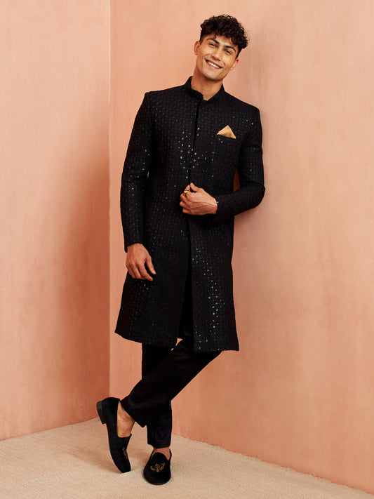 Black Silk Blend Wedding Men's Sherwani Set