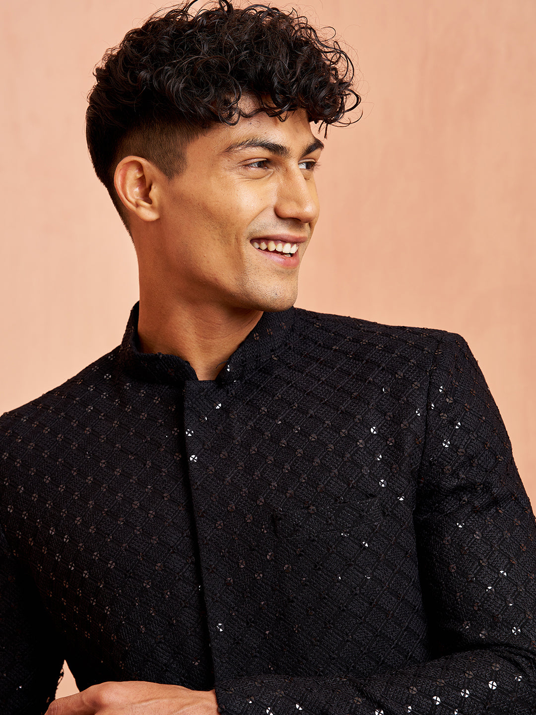 Black Silk Blend Wedding Men's Sherwani Set