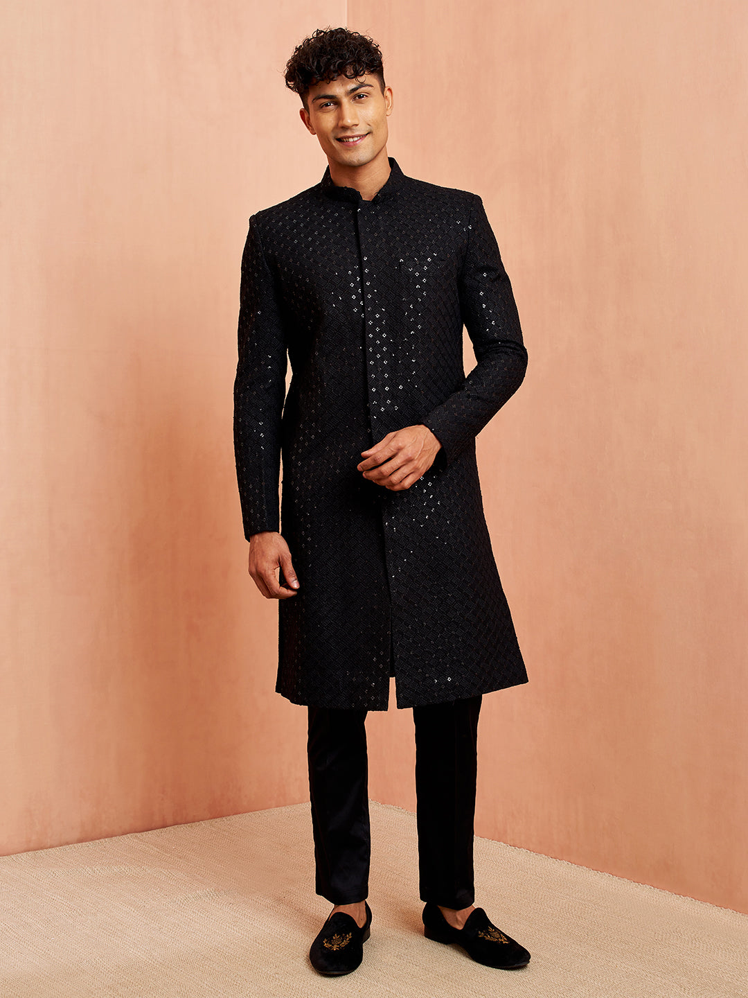 Black Silk Blend Wedding Men's Sherwani Set