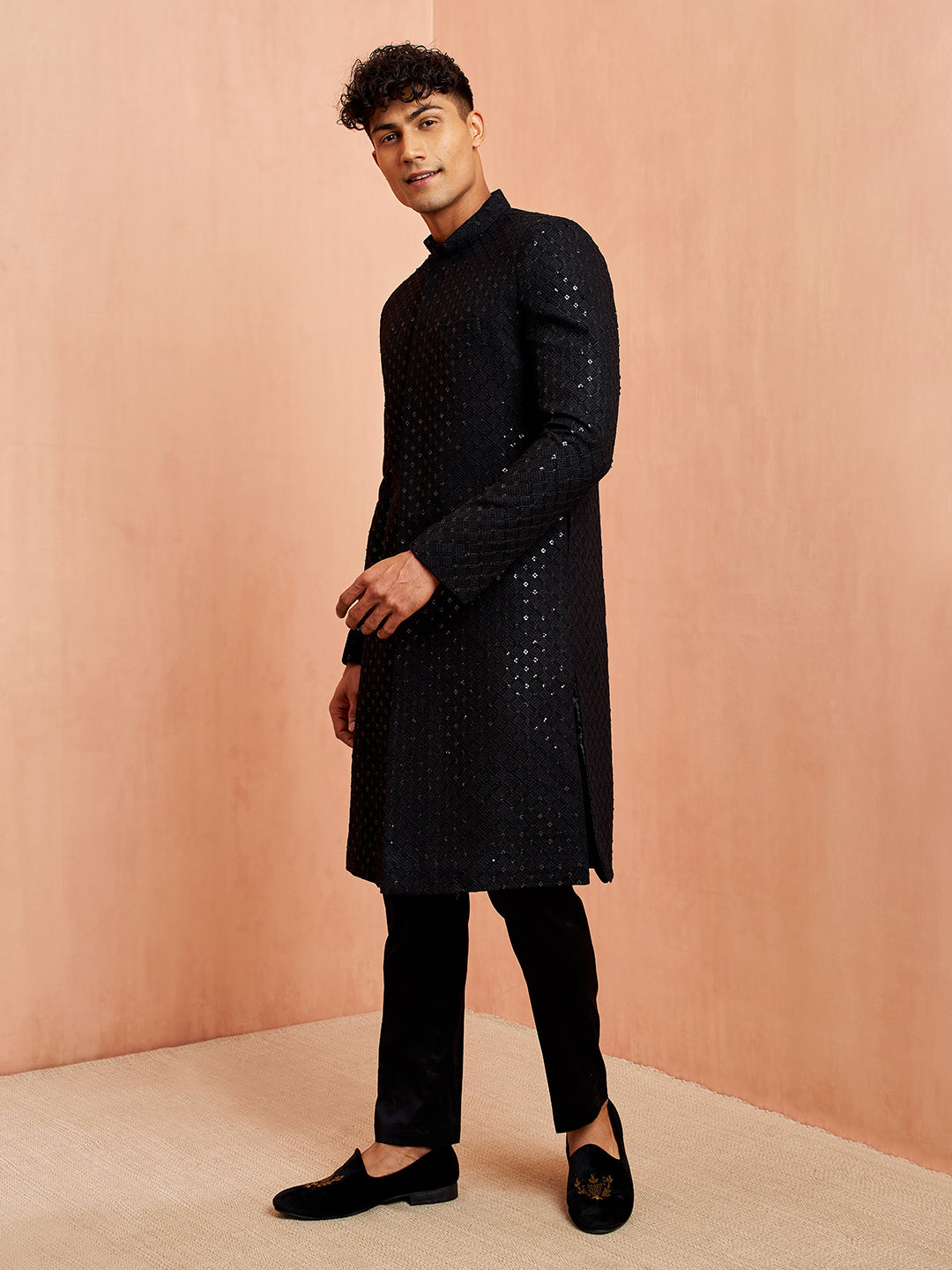 Black Silk Blend Wedding Men's Sherwani Set