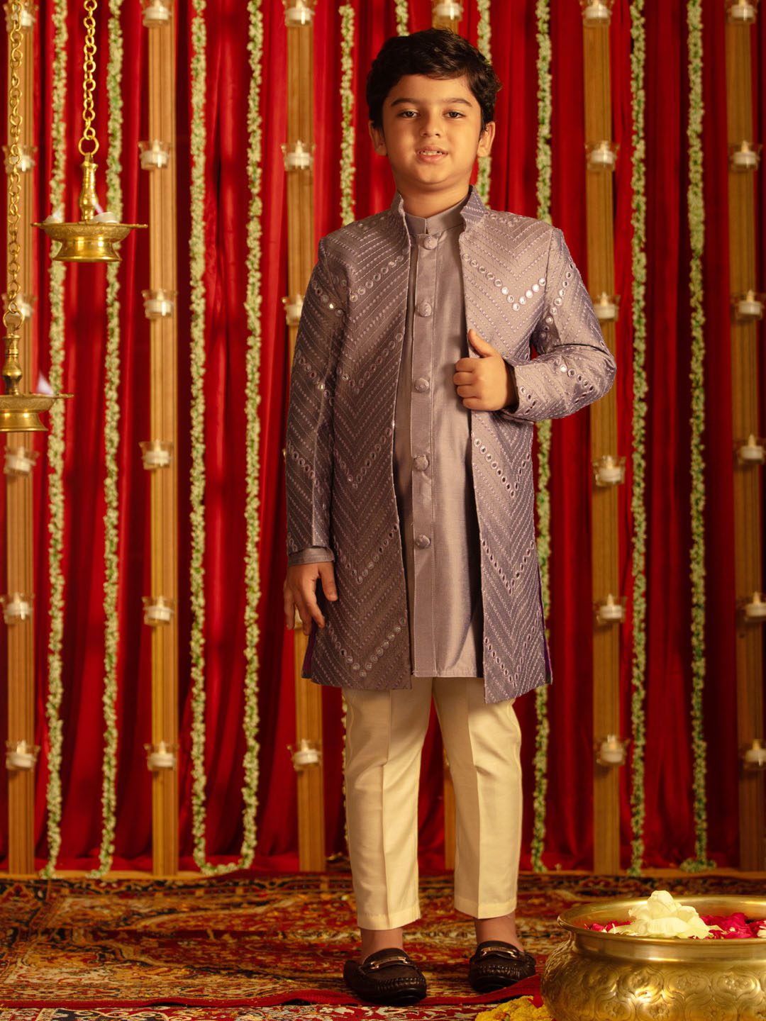 Boys' Purple And Cream Ethnic Mirror Combo Set