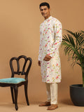 Men's Cream Printed Cotton Blend Kurta and Cream Viscose Pant Set