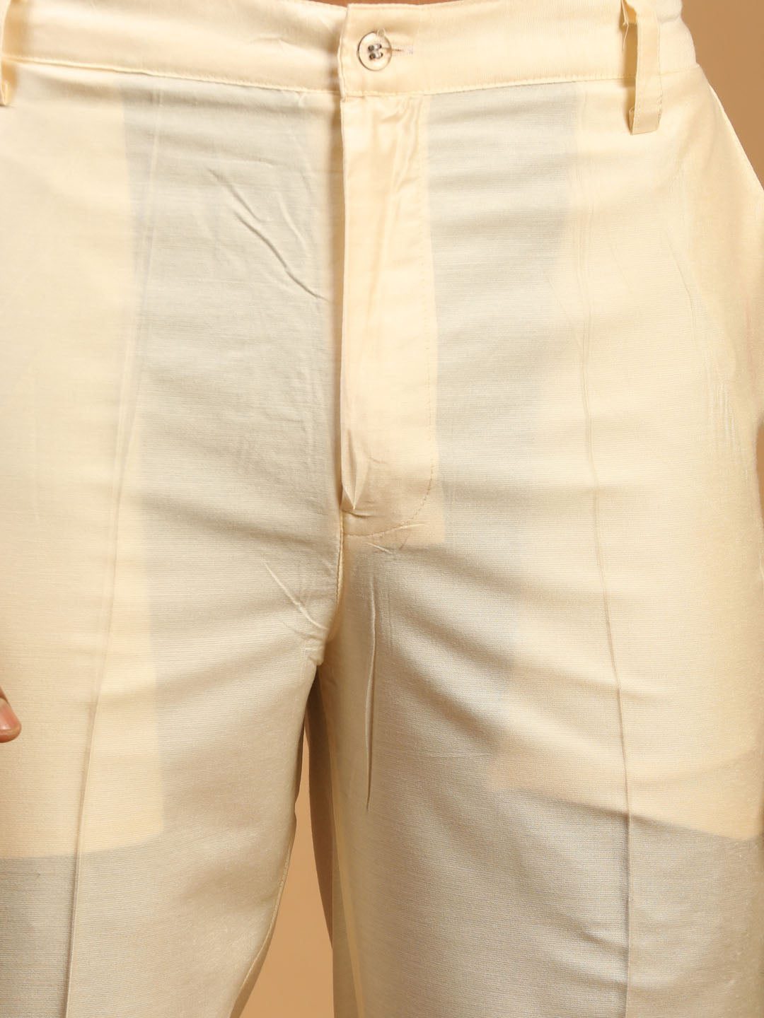 Men's Cream Printed Cotton Blend Kurta and Cream Viscose Pant Set