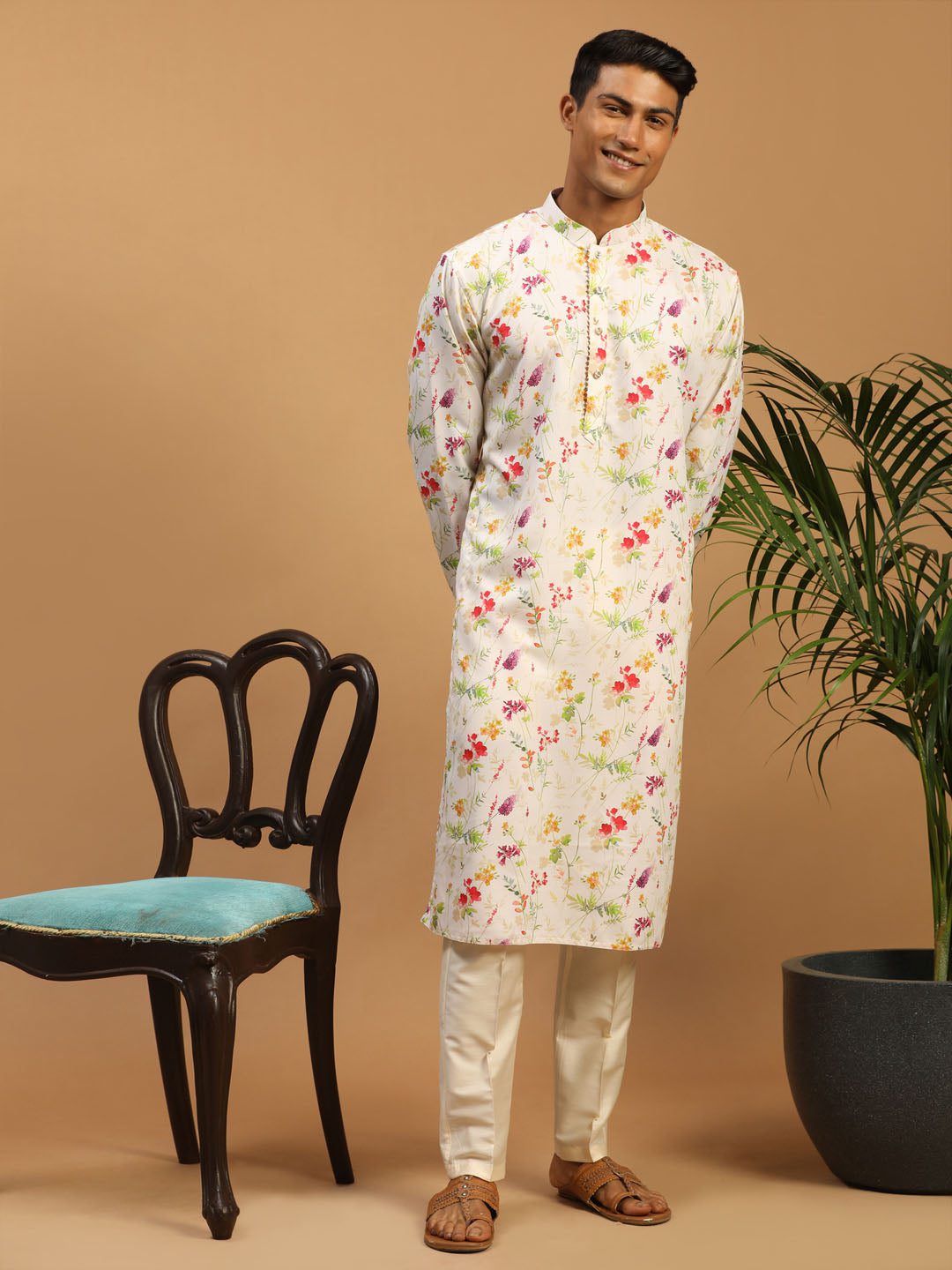 Men's Cream Printed Cotton Blend Kurta and Cream Viscose Pant Set