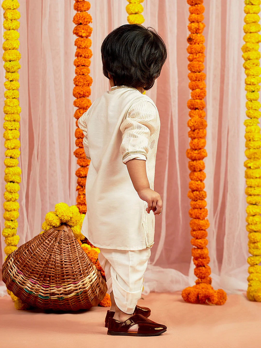 Cream Silk Blend Diwali Boys Kurta Set
