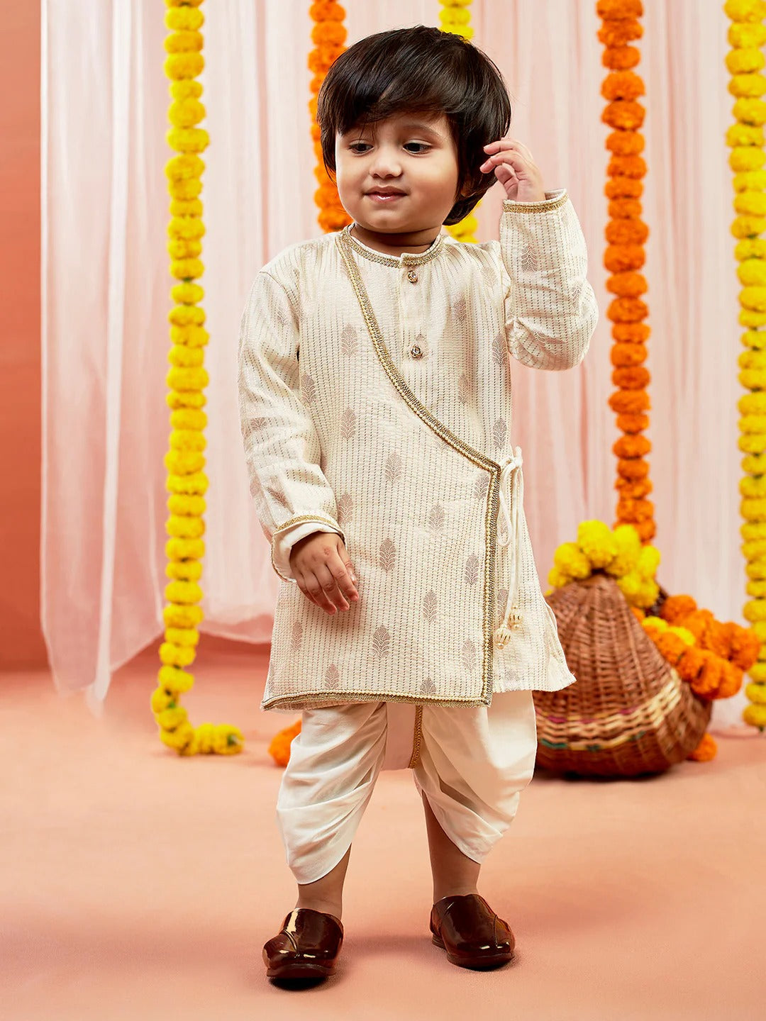 Cream Silk Blend Diwali Boys Kurta Set
