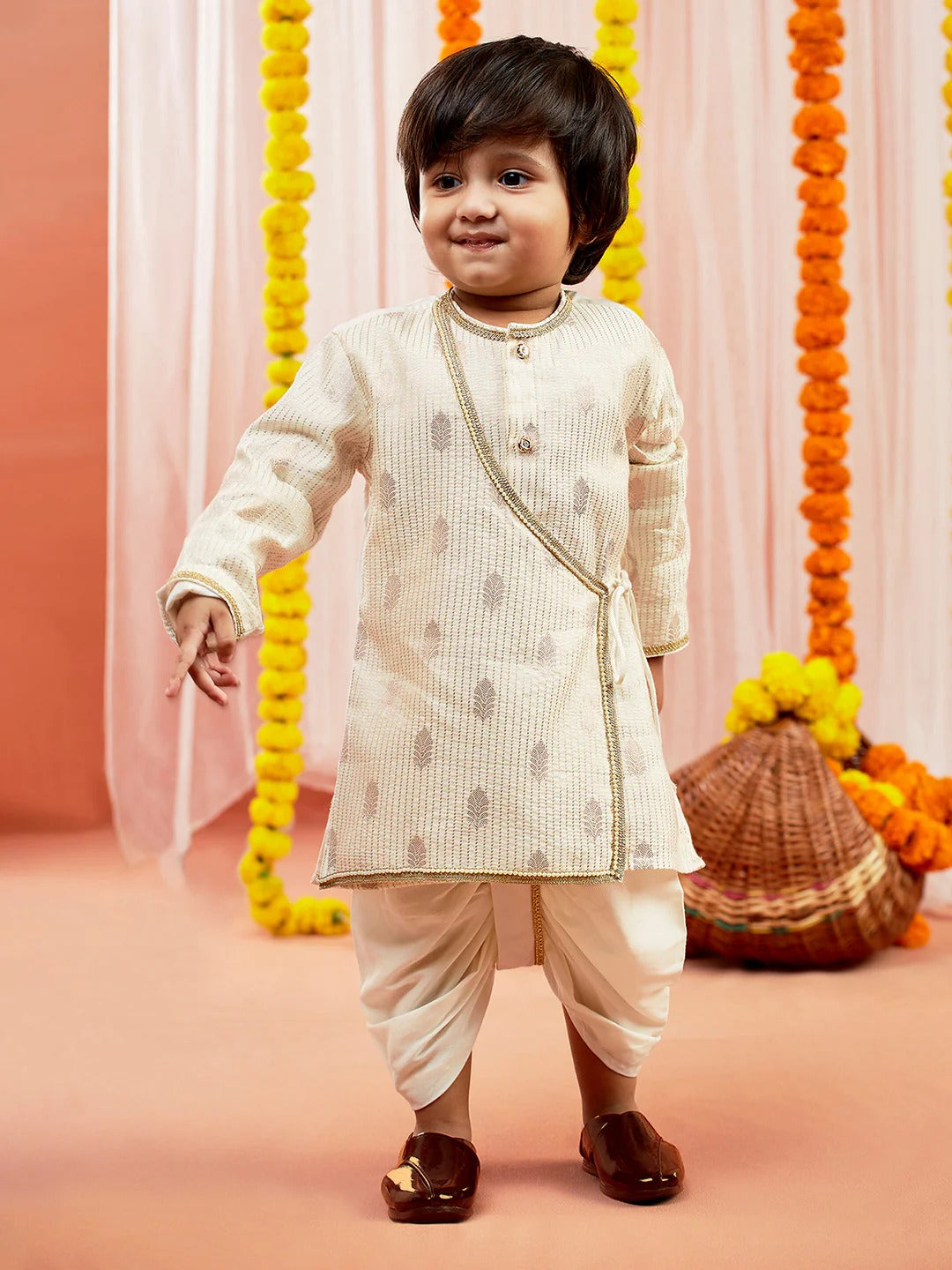 Cream Silk Blend Diwali Boys Kurta Set