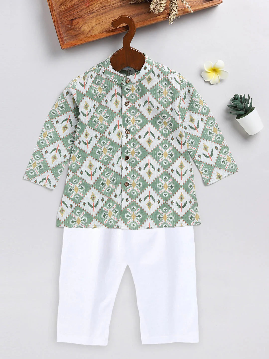 Green Cotton East Boys Kurta Set
