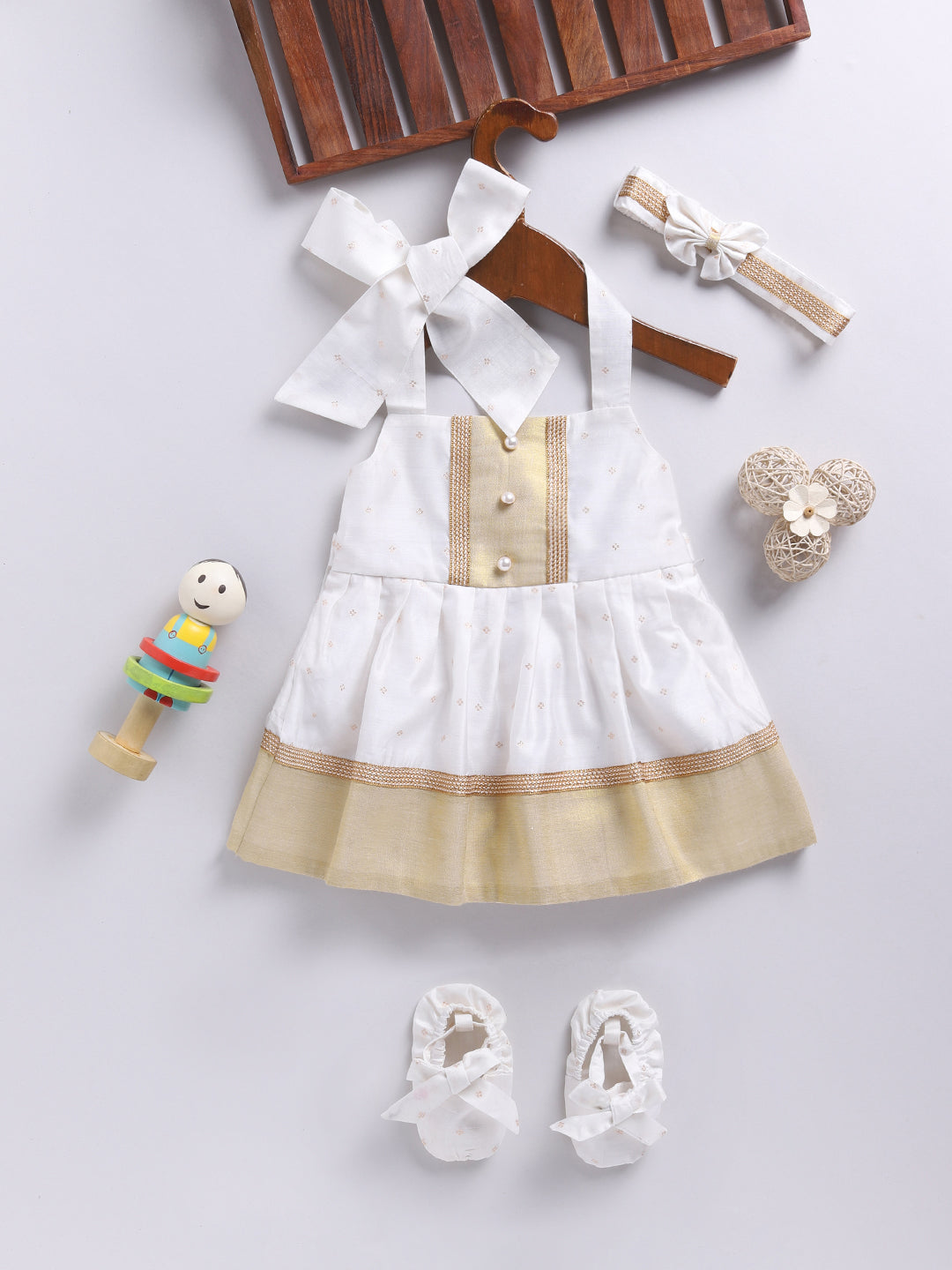 White Chanderi Onam Wear Girls Co-Ord Set